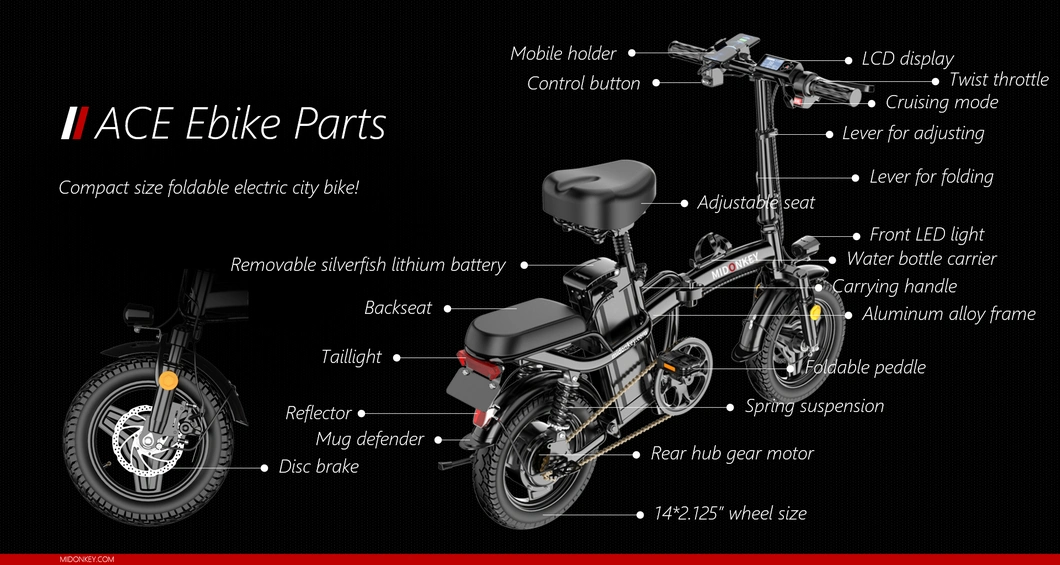 Midonkey Ace Made-in-China Hot Sale High Speed 500W Motor 14" Wheel Size Full Suspension Foldable Electric City Bike Ebike